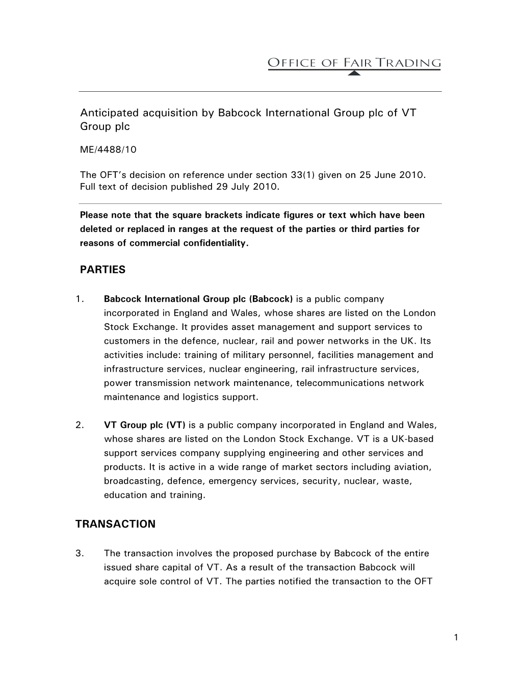 Anticipated Acquisition by Babcock International Group Plc of VT Group Plc