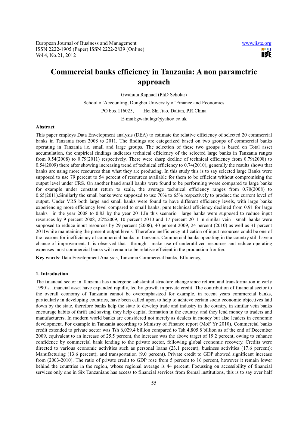 Commercial Banks Efficiency in Tanzania: a Non Parametric Approach