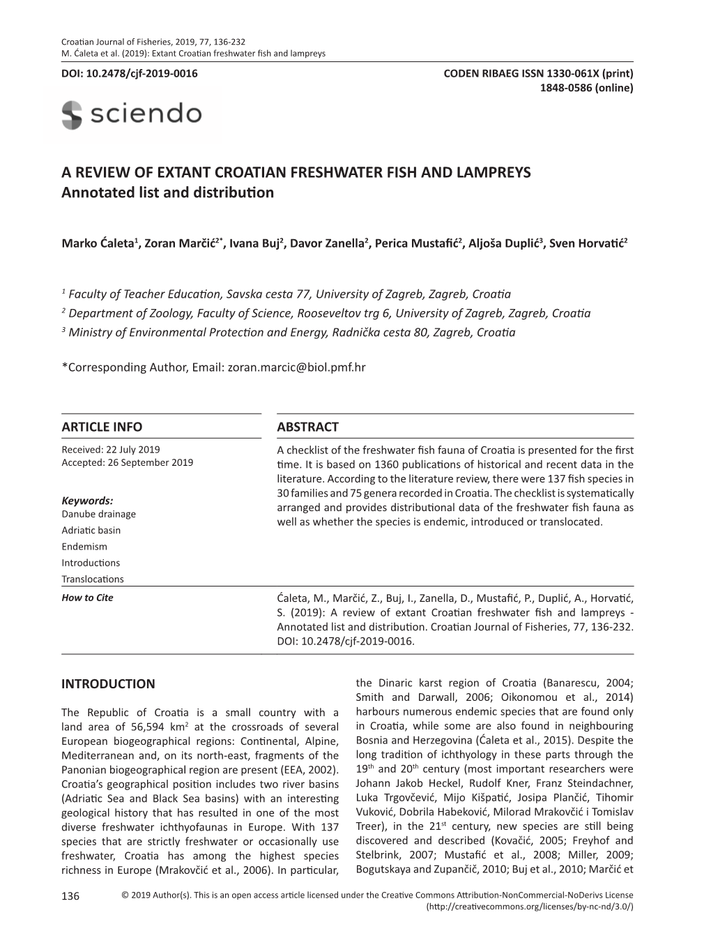 A REVIEW of EXTANT CROATIAN FRESHWATER FISH and LAMPREYS Annotated List and Distribution