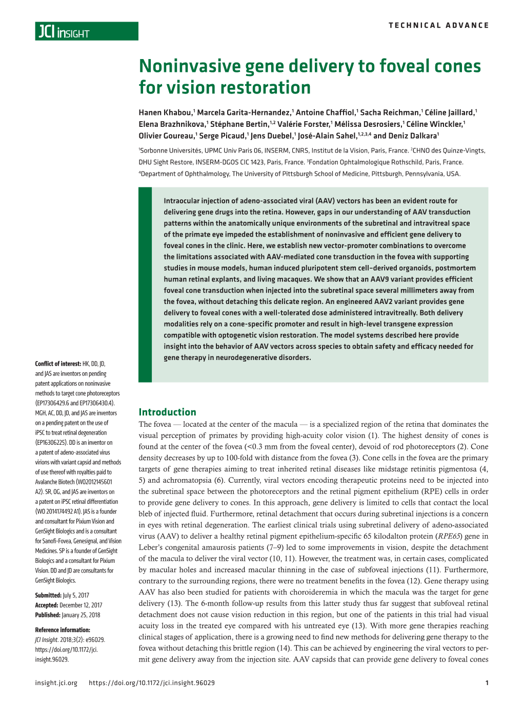 Noninvasive Gene Delivery to Foveal Cones for Vision Restoration