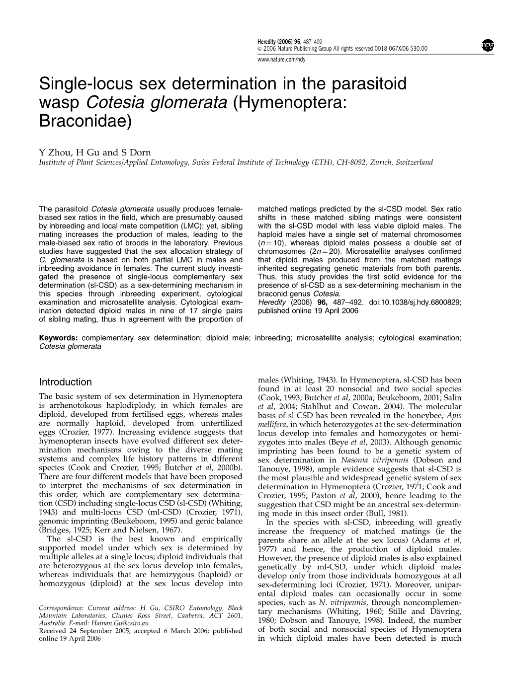 Single-Locus Sex Determination in the Parasitoid Wasp Cotesia Glomerata (Hymenoptera: Braconidae)
