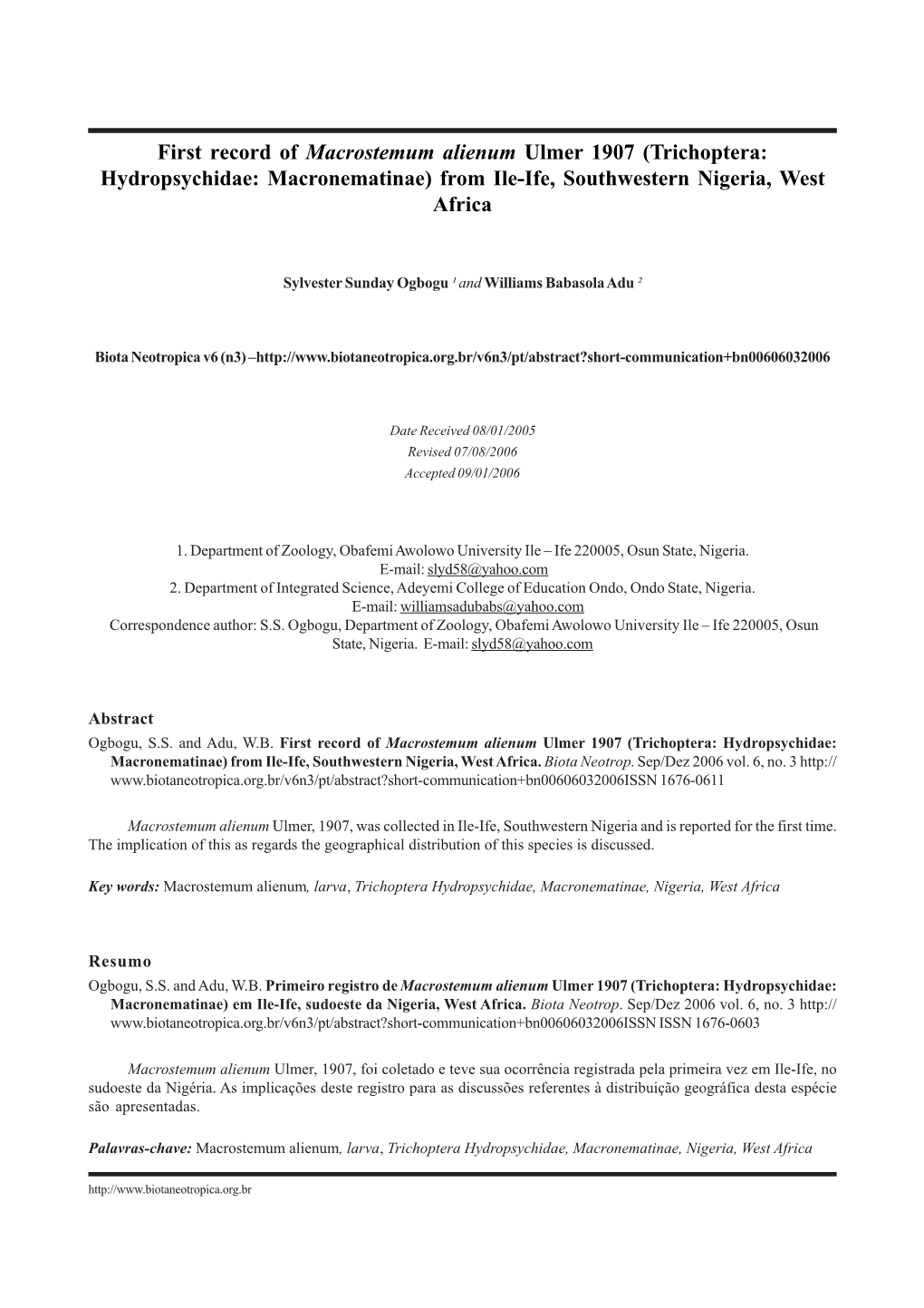 First Record of Macrostemum Alienum Ulmer 1907 (Trichoptera: Hydropsychidae: Macronematinae) from Ile-Ife, Southwestern Nigeria, West Africa