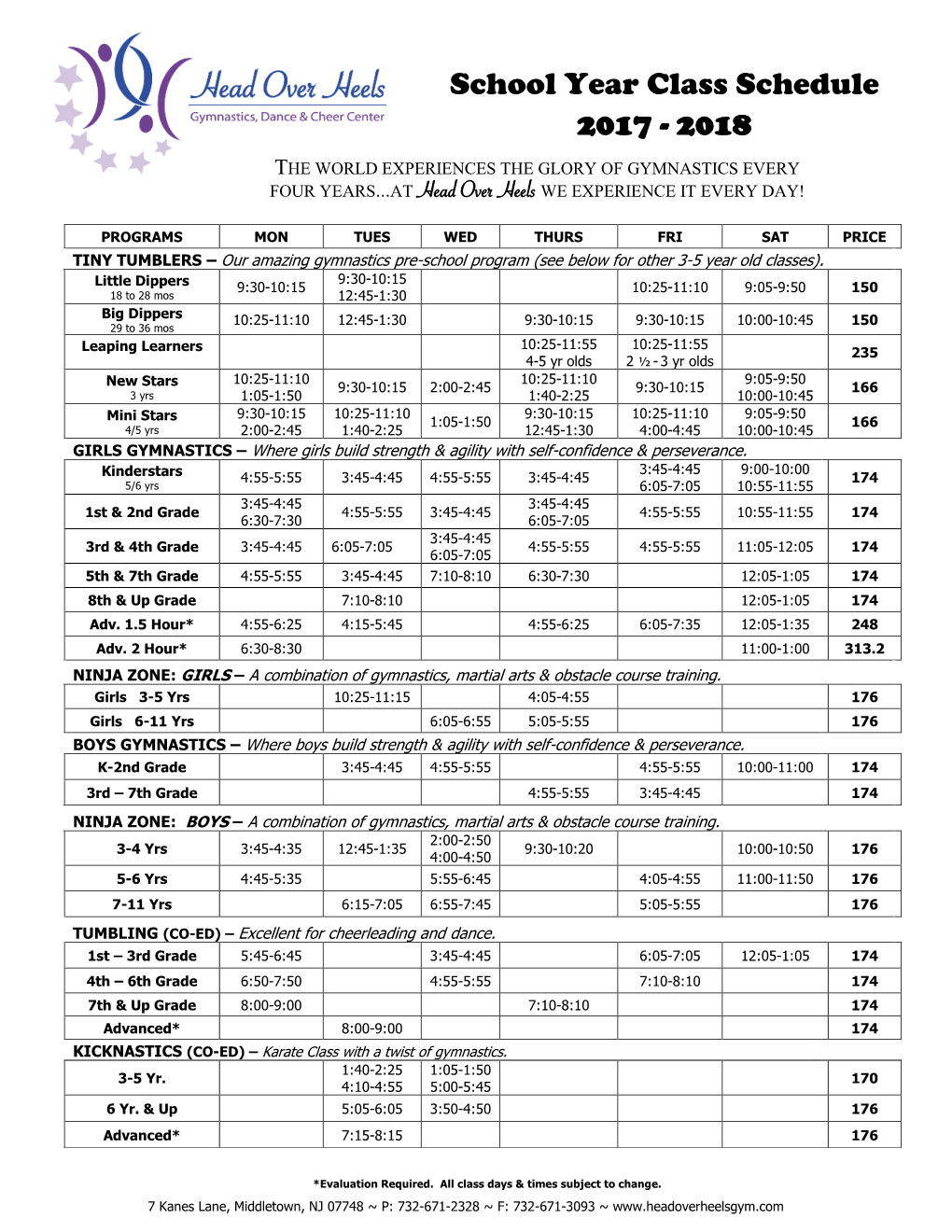 School Year Class Schedule 2017