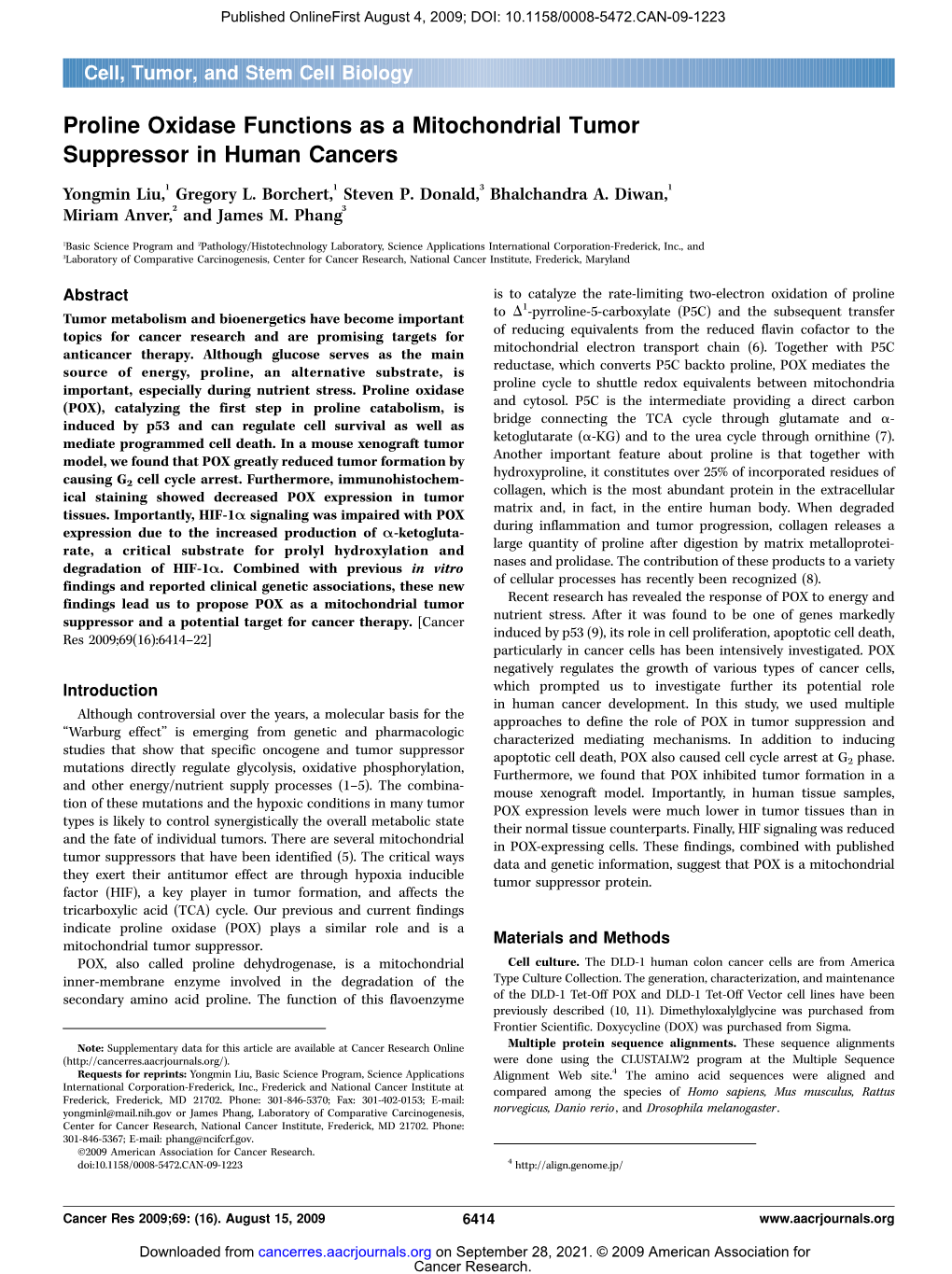 Proline Oxidase Functions As a Mitochondrial Tumor Suppressor in Human Cancers