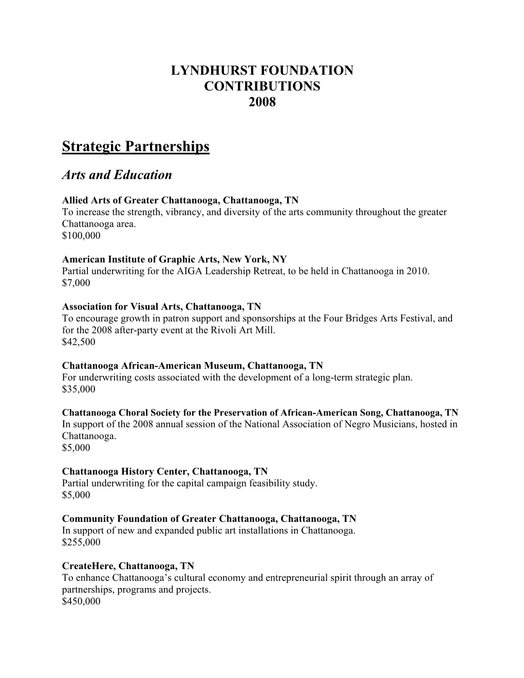 LYNDHURST FOUNDATION CONTRIBUTIONS 2008 Strategic Partnerships Arts and Education