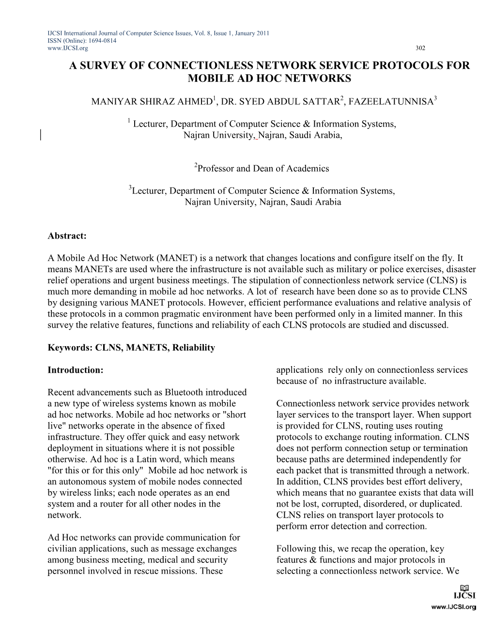 A Survey of Connectionless Network Service Protocols for Mobile Ad Hoc Networks