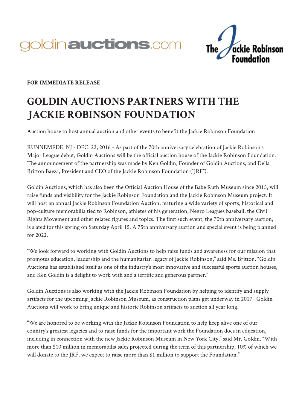 GOLDIN AUCTIONS PARTNERS with the JACKIE ROBINSON FOUNDATION Auction House to Host Annual Auction and Other Events to Benefit the Jackie Robinson Foundation