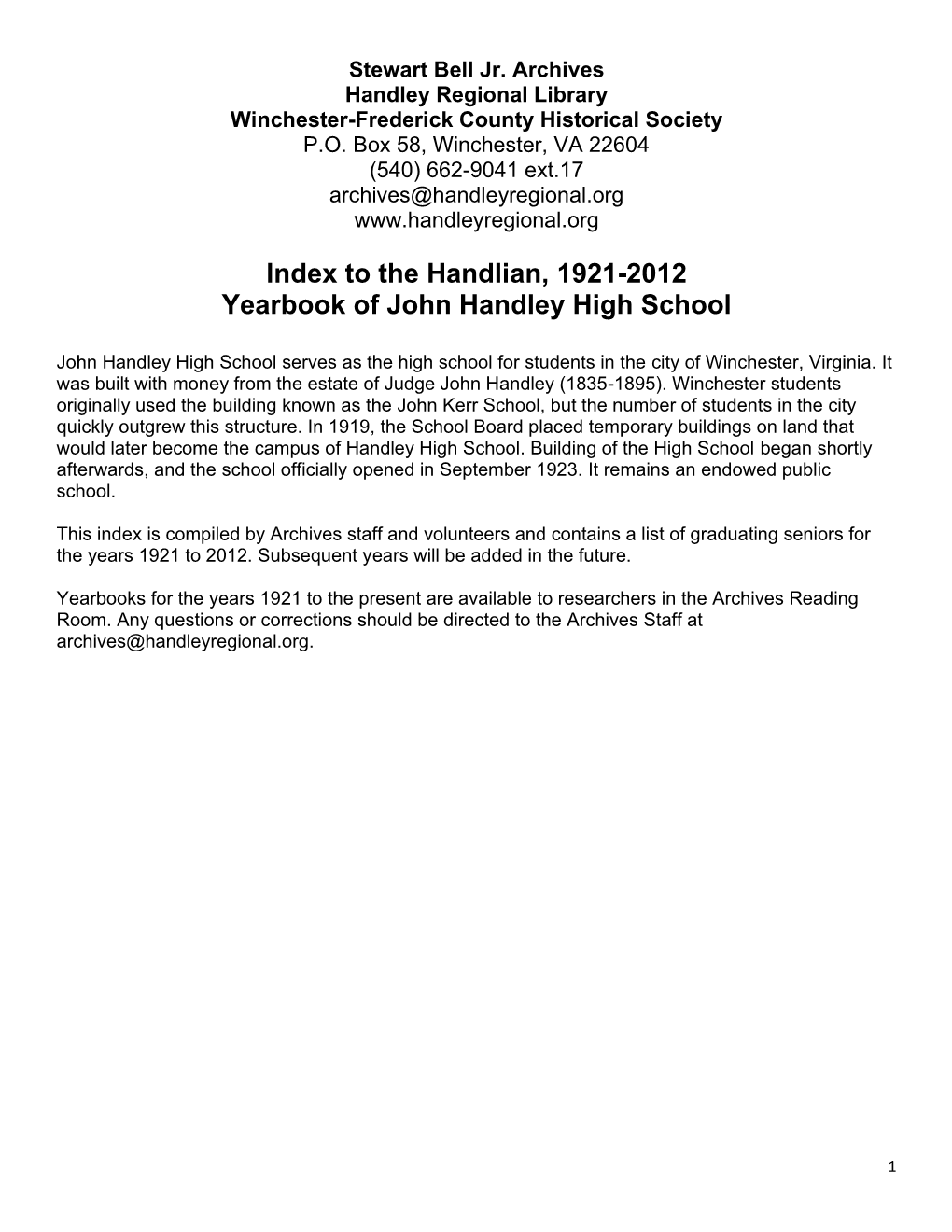 Index to the Handlian, 1921-2012 Yearbook of John Handley High School