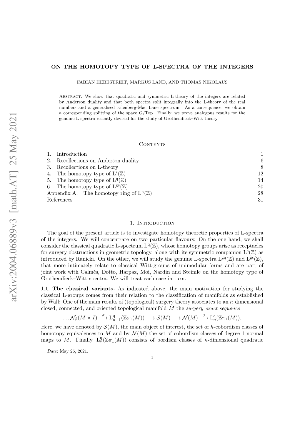 Arxiv:2004.06889V3 [Math.AT] 25 May 2021