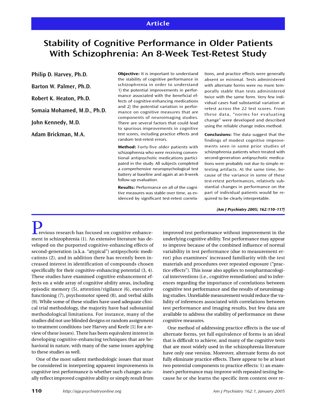 Stability of Cognitive Performance in Older Patients with Schizophrenia: an 8-Week Test-Retest Study