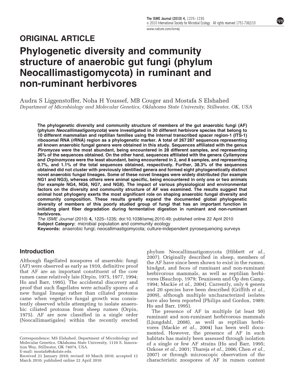 Phylum Neocallimastigomycota) in Ruminant and Non-Ruminant Herbivores