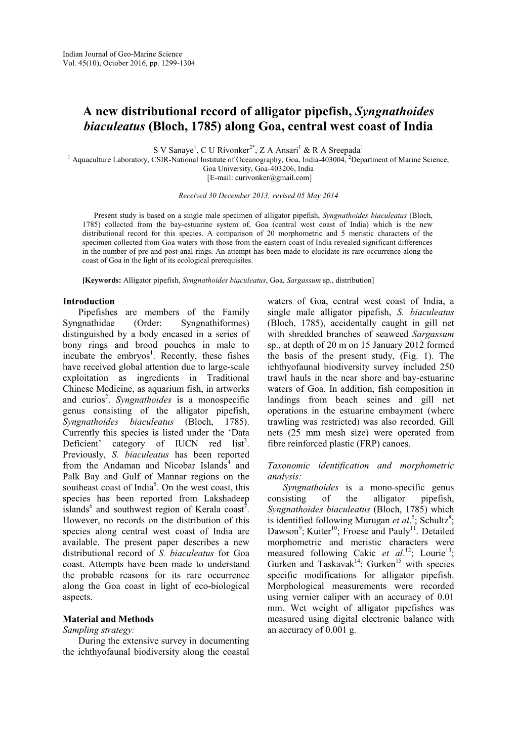 A New Distributional Record of Alligator Pipefish, Syngnathoides Biaculeatus (Bloch, 1785) Along Goa, Central West Coast of India