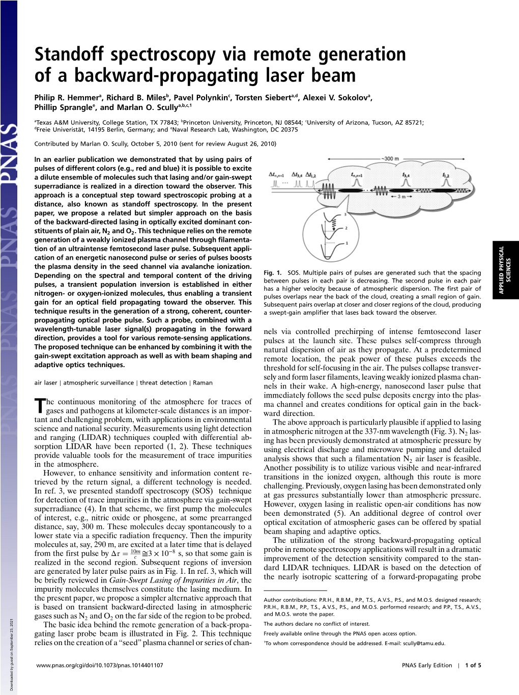 Standoff Spectroscopy Via Remote Generation of a Backward-Propagating Laser Beam