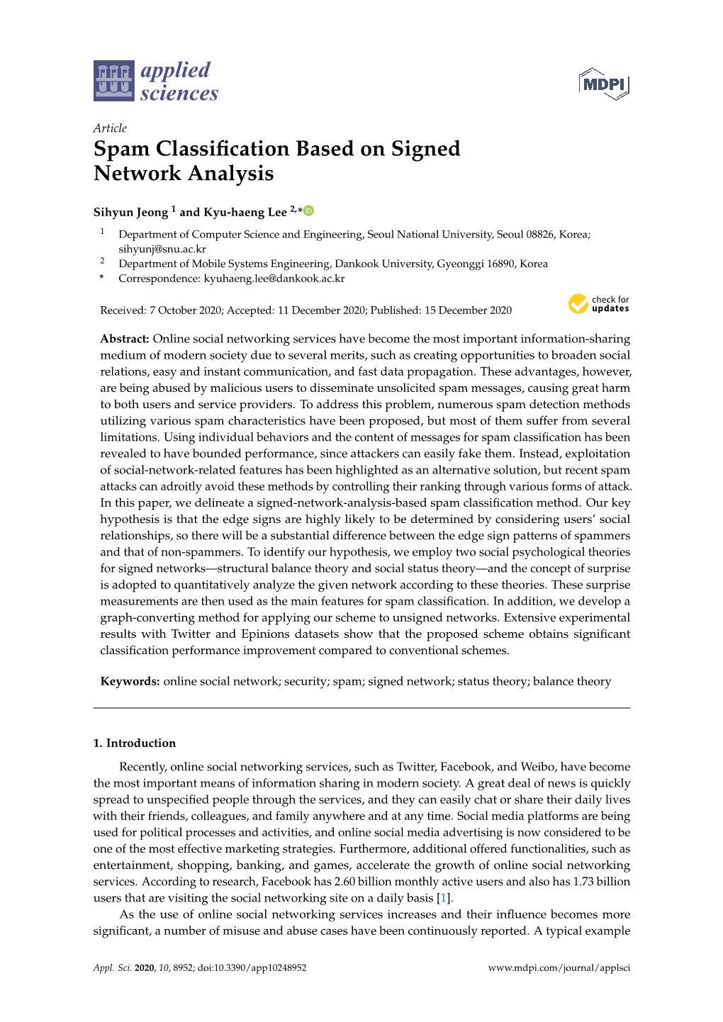 Spam Classification Based on Signed Network Analysis