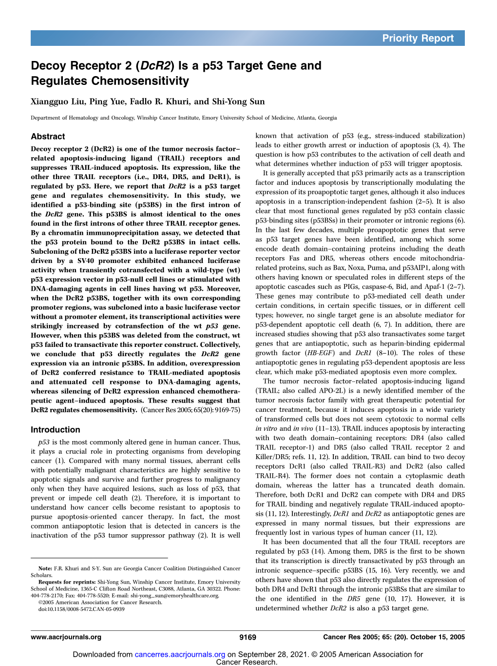 Decoy Receptor 2 (Dcr2) Is a P53 Target Gene and Regulates Chemosensitivity