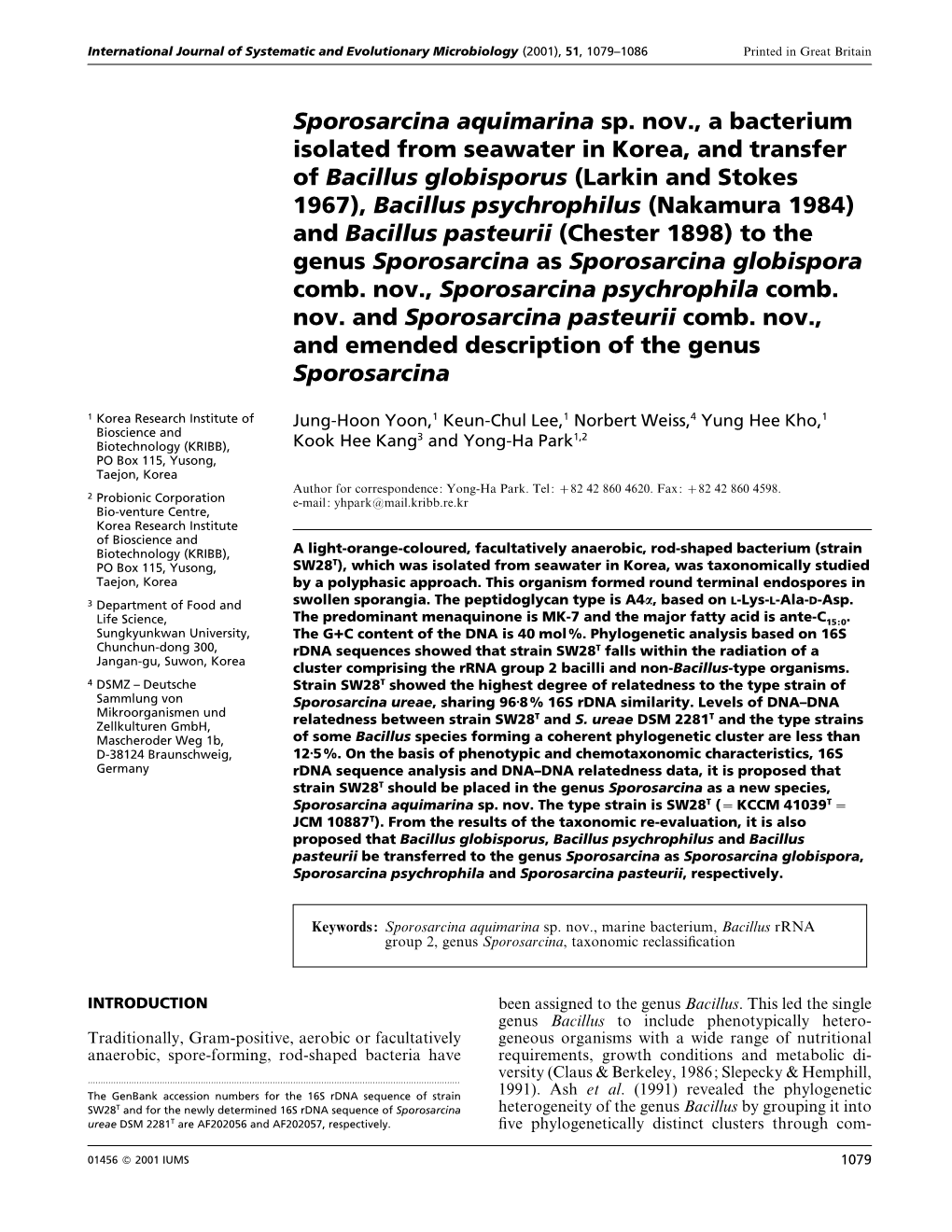 Sporosarcina Aquimarina Sp. Nov., a Bacterium Isolated from Seawater in Korea, and Transfer of Bacillus Globisporus (Larkin