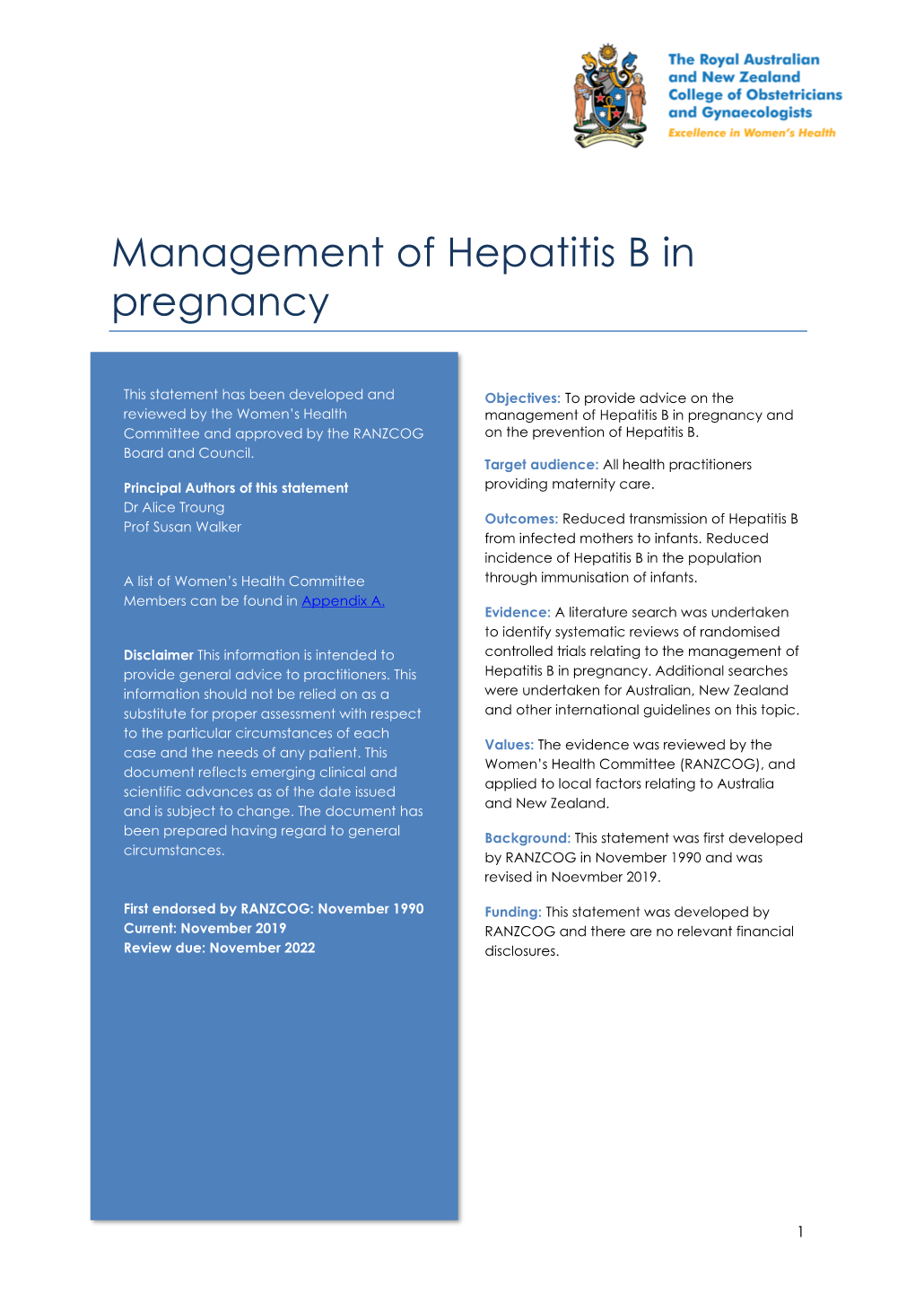 Management of Hepatitis B in Pregnancy