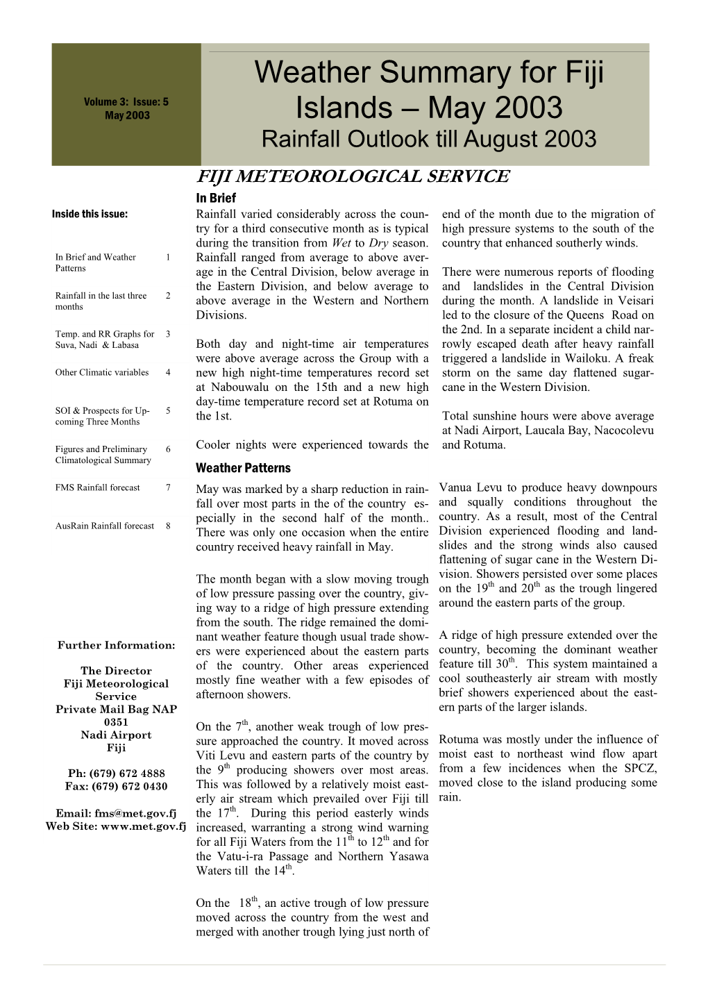 Weather Summary for Fiji Islands – May 2003