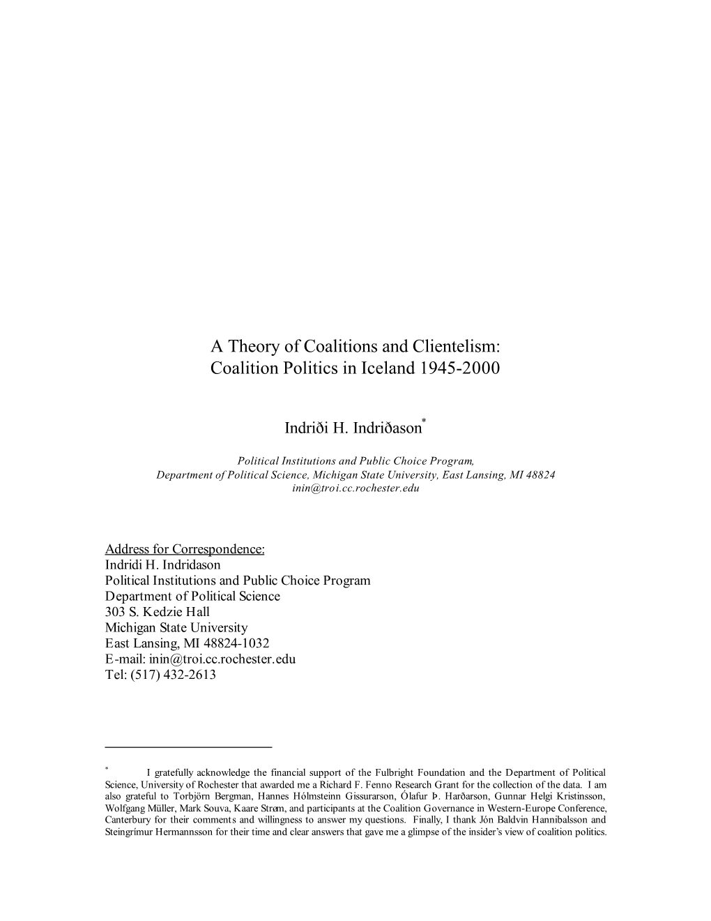 A Theory of Coalitions and Clientelism: Coalition Politics in Iceland 1945-2000