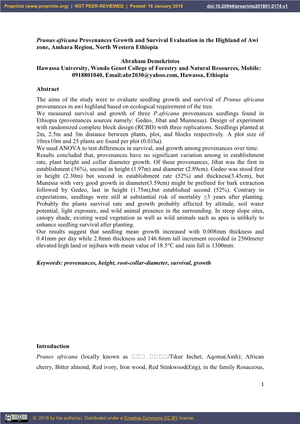 Prunus Africana Provenances Growth and Survival Evaluation in the Highland of Awi Zone, Amhara Region, North Western Ethiopia