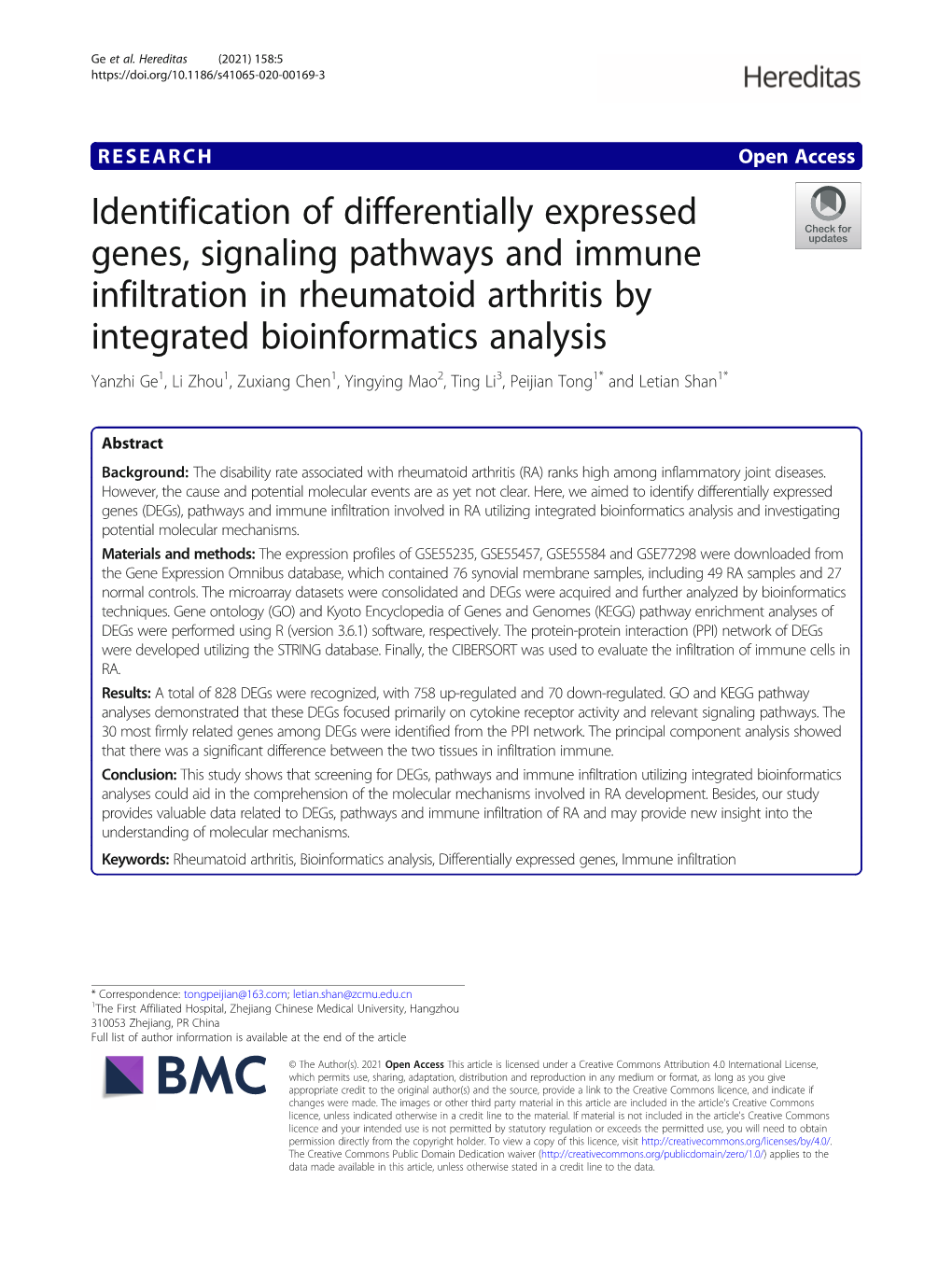 Identification of Differentially Expressed Genes, Signaling Pathways and Immune Infiltration in Rheumatoid Arthritis by Integrat