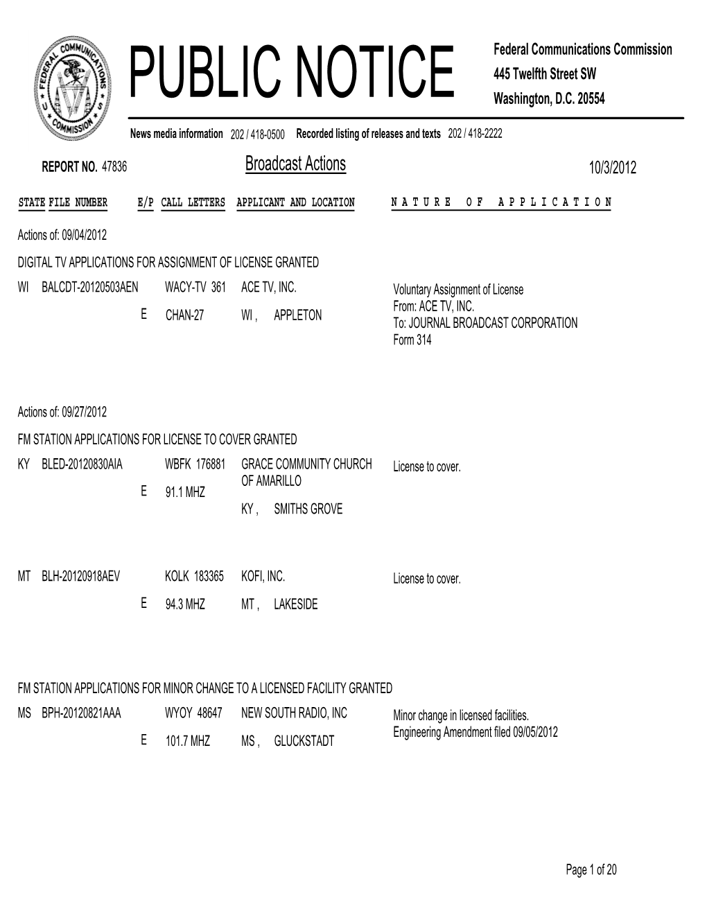 Broadcast Actions 10/3/2012