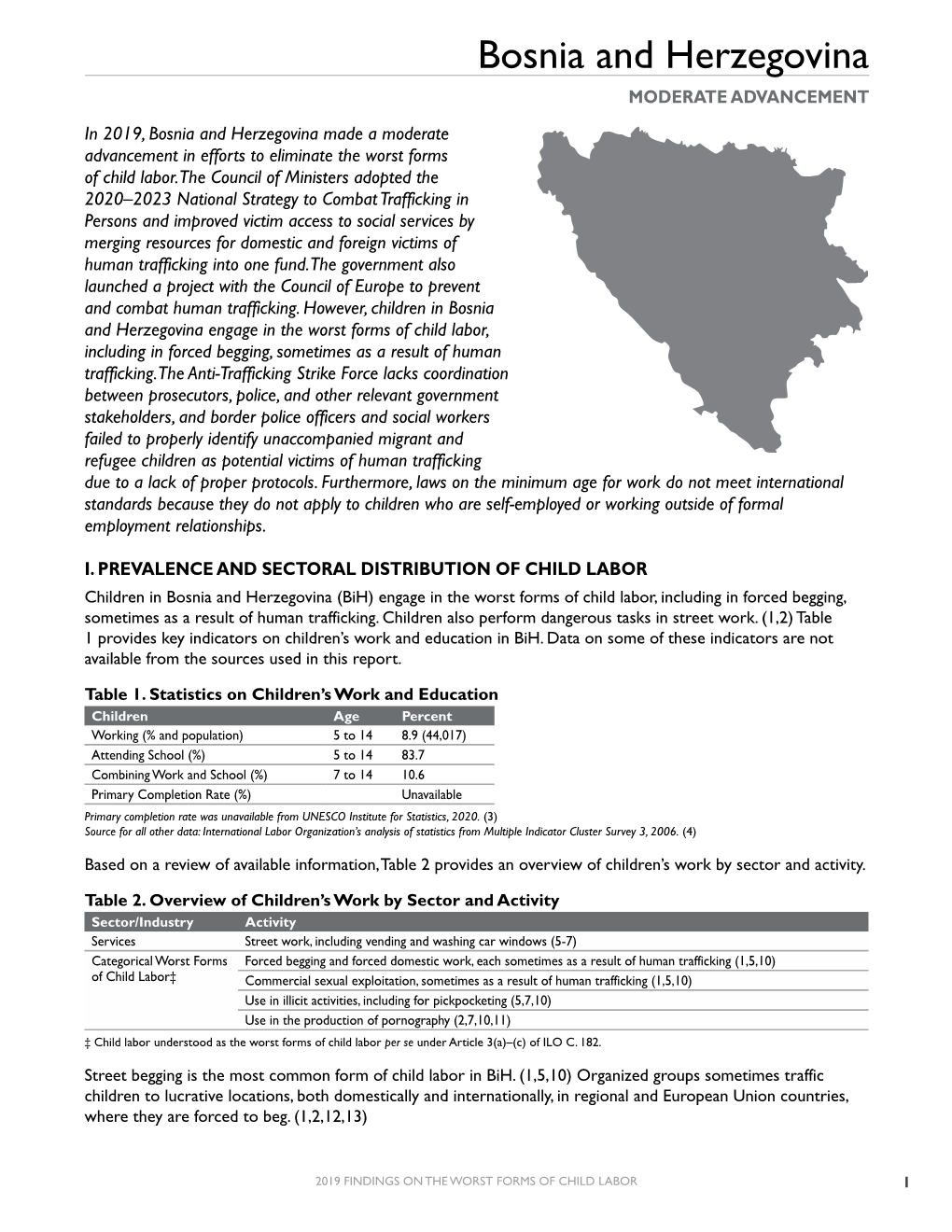 2019 Findings on the Worst Forms of Child Labor: Bosnia and Herzegovina