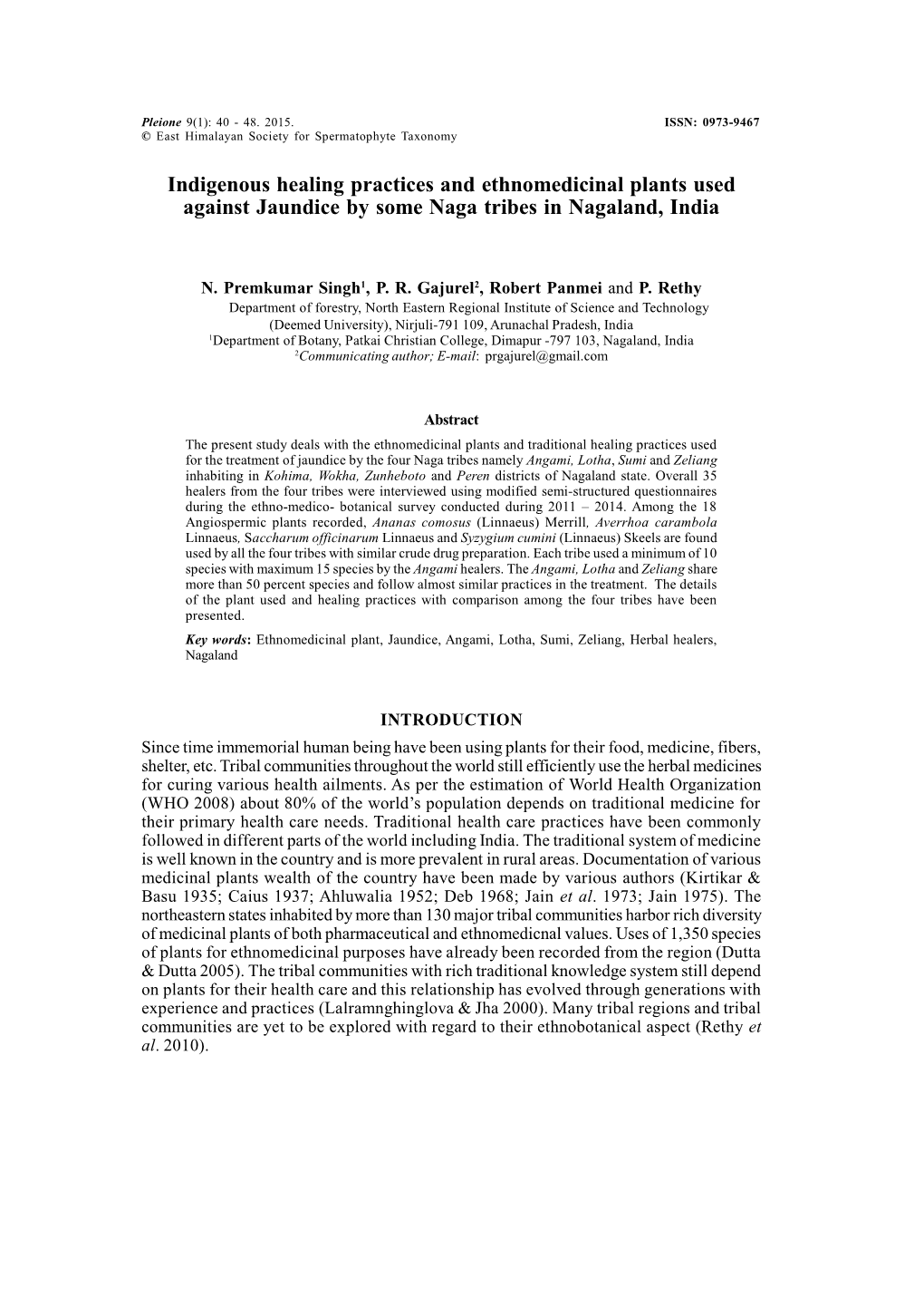 Indigenous Healing Practices and Ethnomedicinal Plants Used Against Jaundice by Some Naga Tribes in Nagaland, India