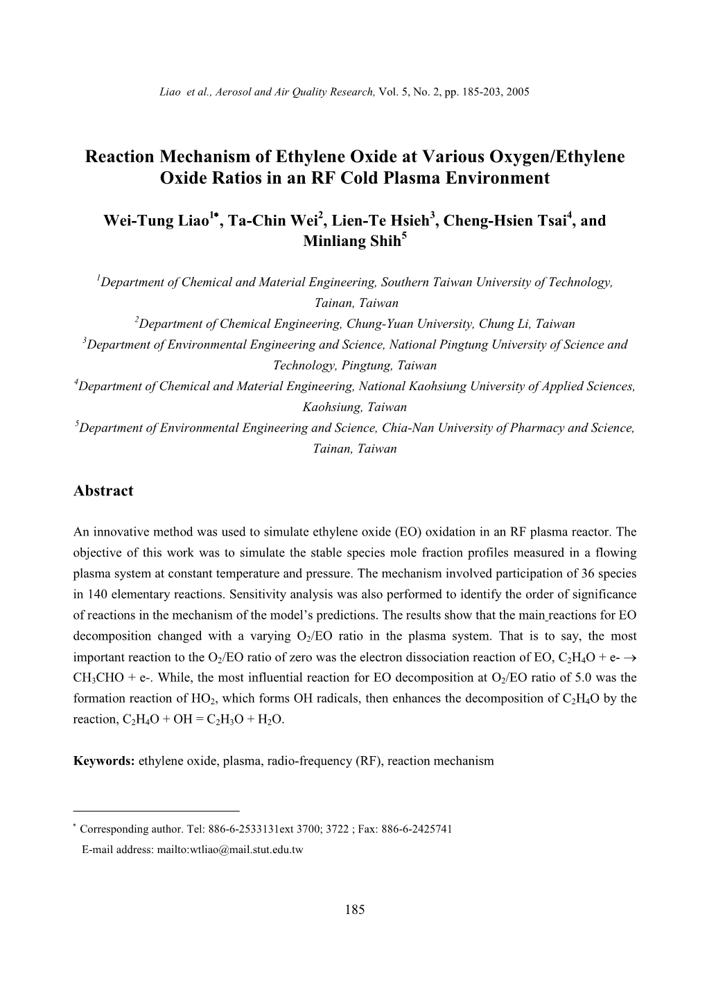 Reaction Mechanism of Ethylene Oxide at Various Oxygen/Ethylene Oxide Ratios in an Rfcold Plasma Environment