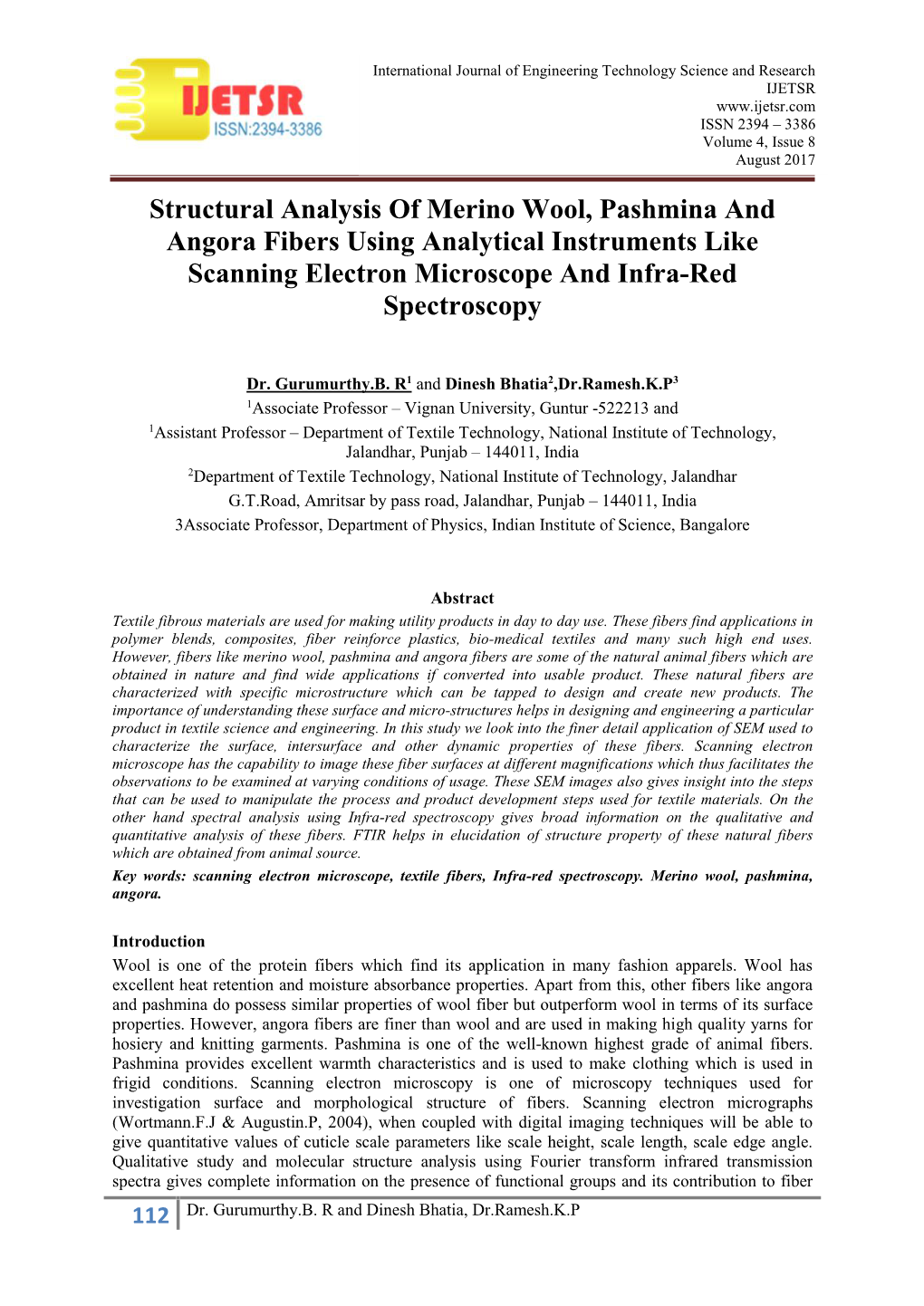 Structural Analysis of Merino Wool, Pashmina and Angora Fibers Using Analytical Instruments Like Scanning Electron Microscope and Infra-Red Spectroscopy