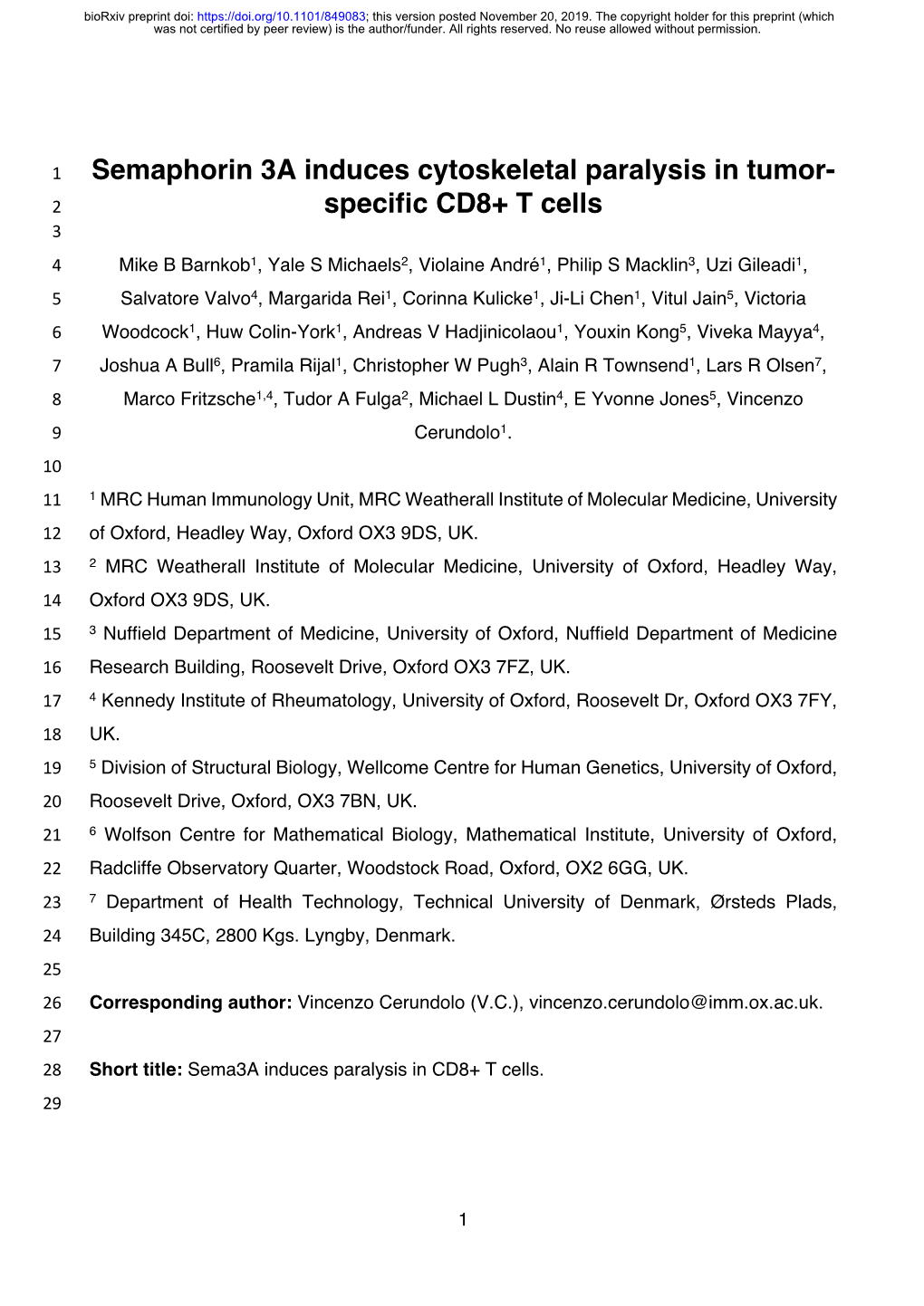 Semaphorin 3A Induces Cytoskeletal Paralysis in Tumor-Specific CD8+ T