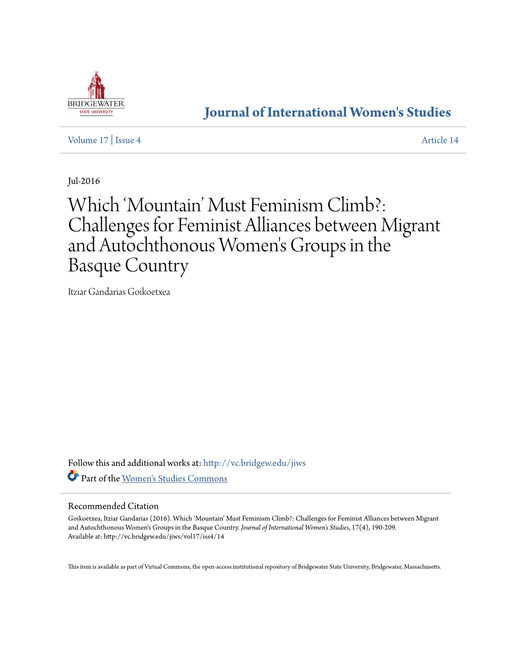 Mountain’ Must Feminism Climb?: Challenges for Feminist Alliances Between Migrant and Autochthonous Women's Groups in the Basque Country Itziar Gandarias Goikoetxea