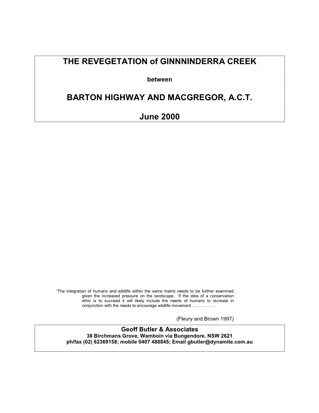 Ginnninderra Creek Report