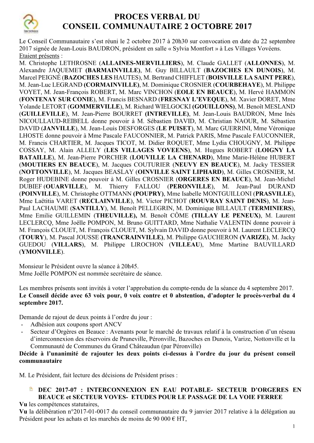 Proces Verbal Du Conseil Communautaire 2 Octobre 2017