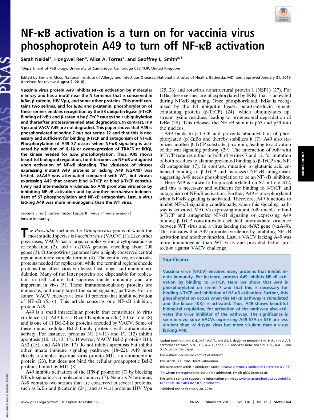 NF-Κb Activation Is a Turn on for Vaccinia Virus Phosphoprotein A49 to Turn Off NF-Κb Activation