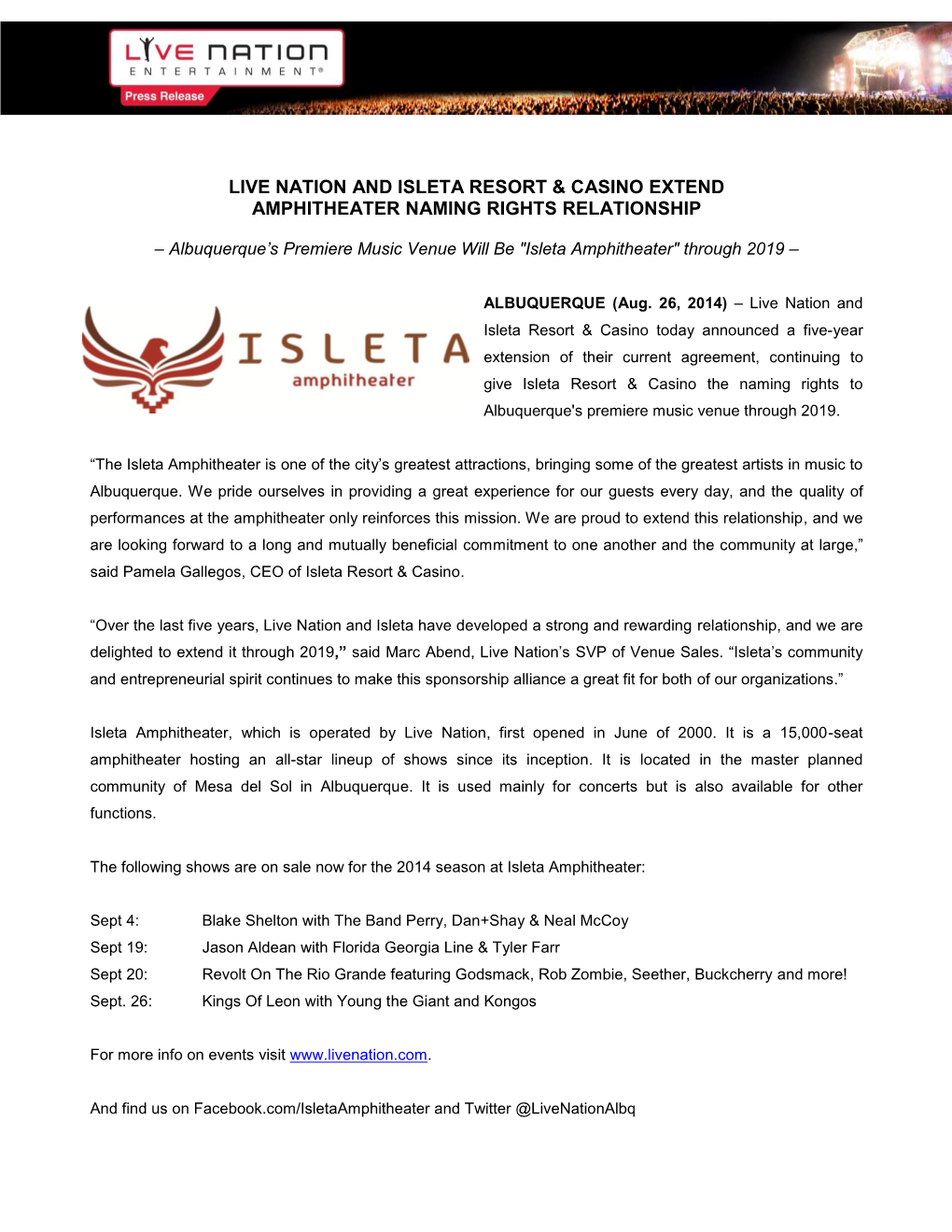 Live Nation and Isleta Resort & Casino Extend