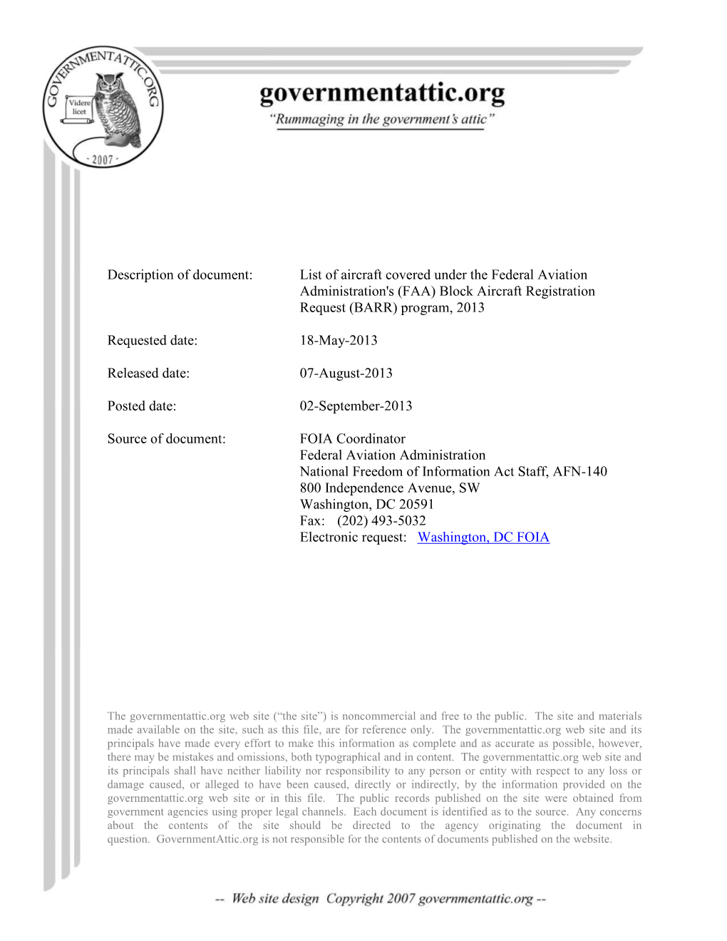 (FAA) Block Aircraft Registration Request (BARR) Program, 2013