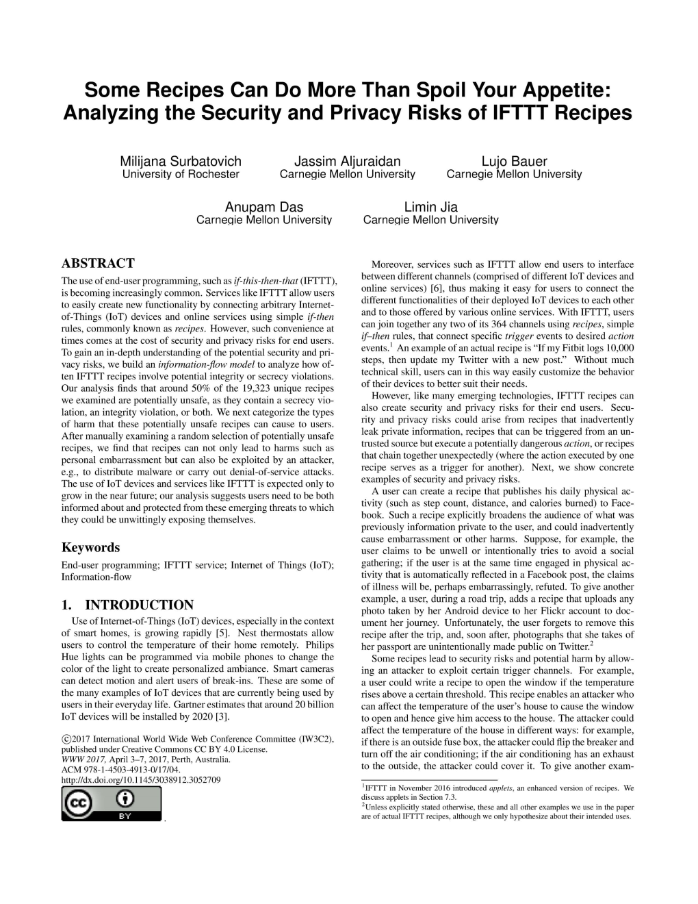 Analyzing the Security and Privacy Risks of IFTTT Recipes