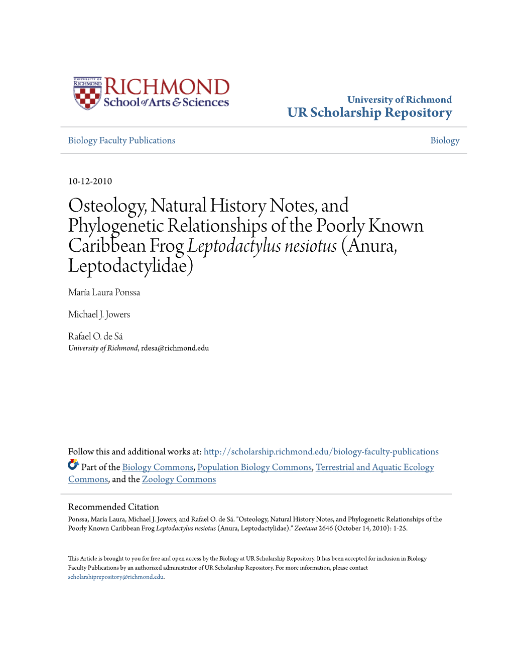 Osteology, Natural History Notes, and Phylogenetic Relationships of the Poorly Known Caribbean Frog Leptodactylus Nesiotus (Anura, Leptodactylidae) María Laura Ponssa