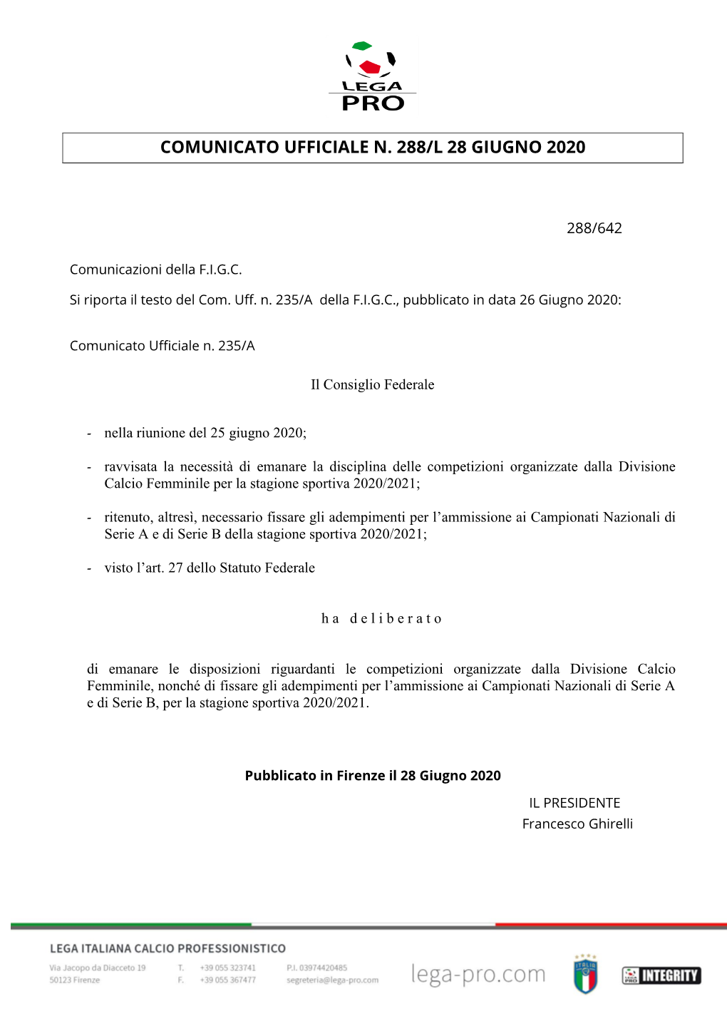 Comunicato Ufficiale N. 288/L 28 Giugno 2020