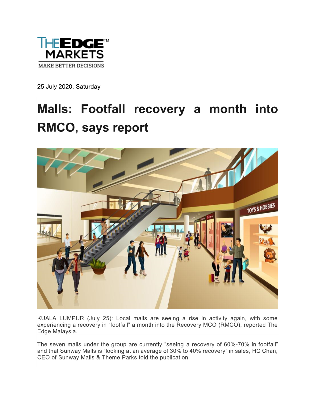 Malls: Footfall Recovery a Month Into RMCO, Says Report