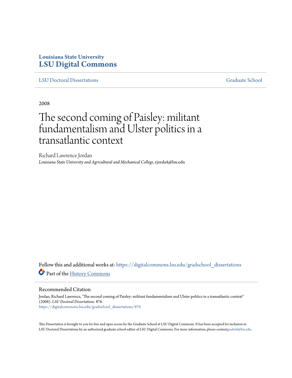 The Second Coming of Paisley: Militant Fundamentalism and Ulster Politics