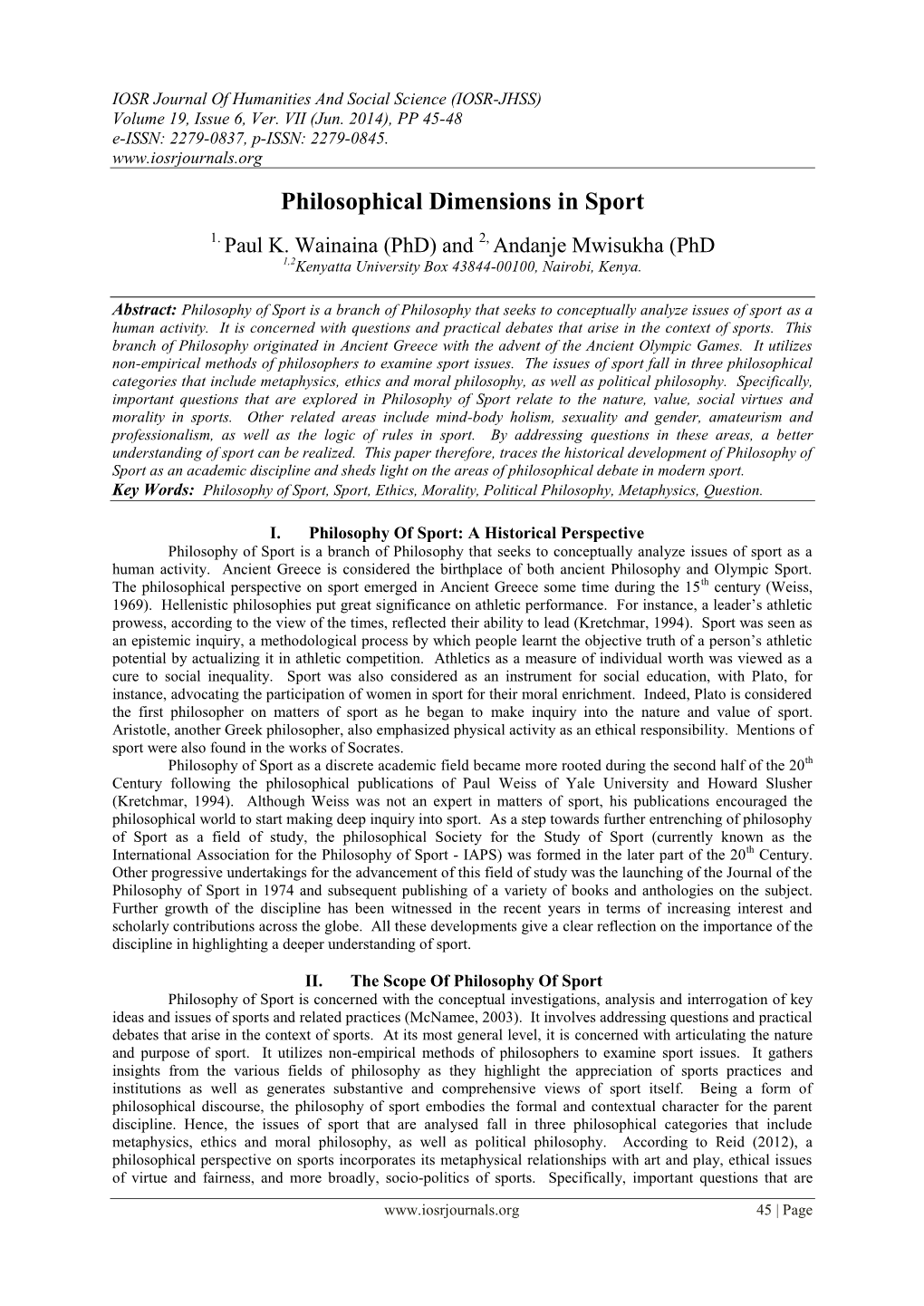 Philosophical Dimensions in Sport