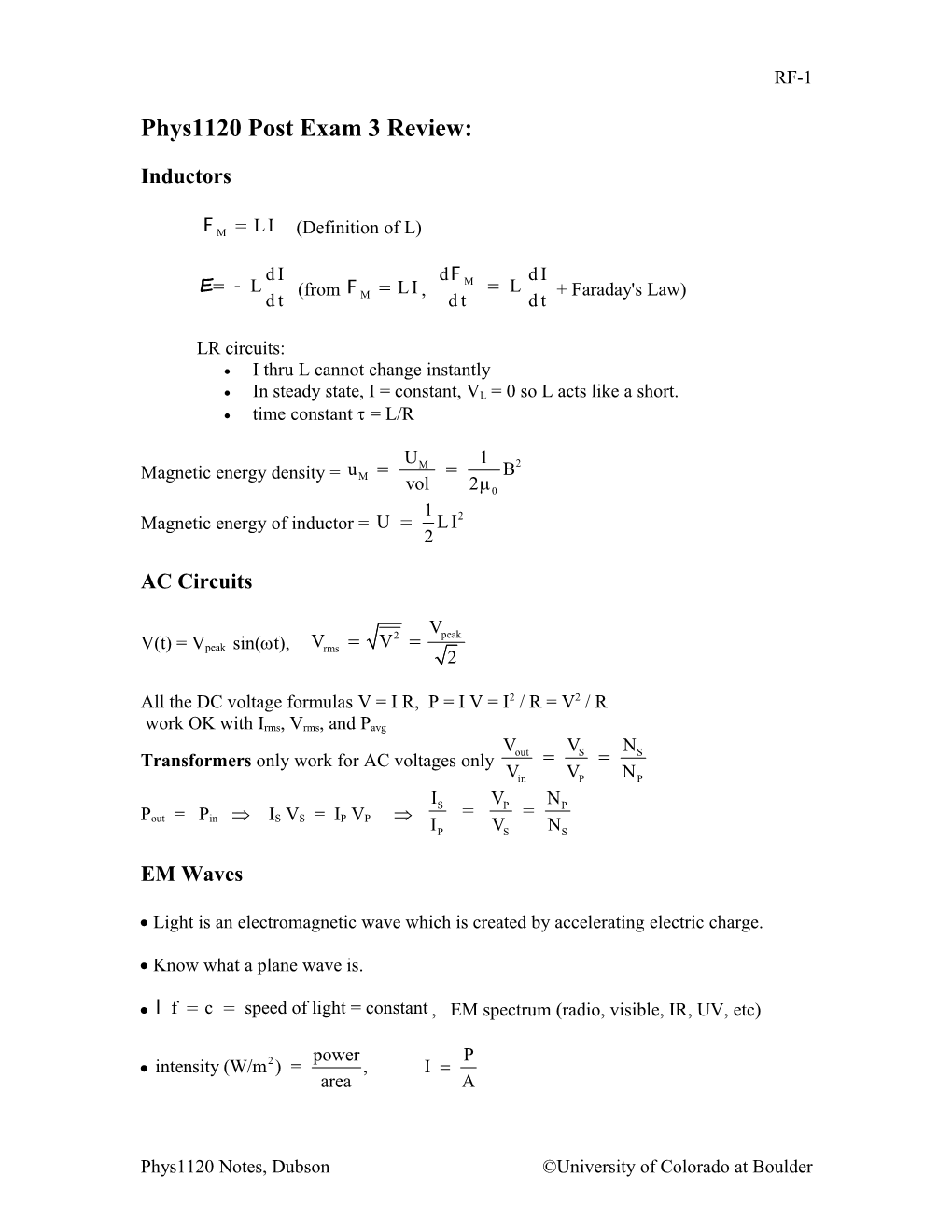 Phys1120 Post Exam 3 Review