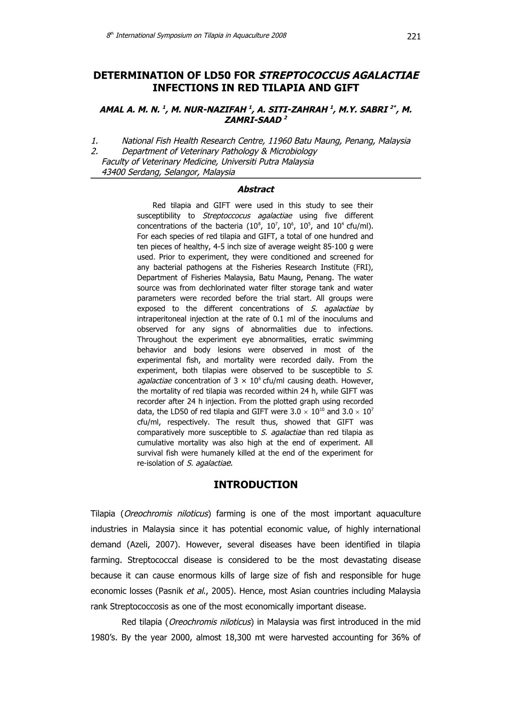 Determination of Ld50 for Streptococcus Agalactiae Infections in Red Tilapia and Gift