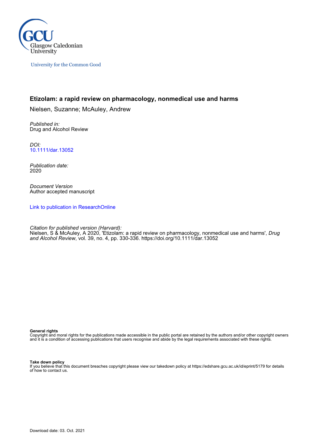 Etizolam: a Rapid Review on Pharmacology, Nonmedical Use and Harms Nielsen, Suzanne; Mcauley, Andrew