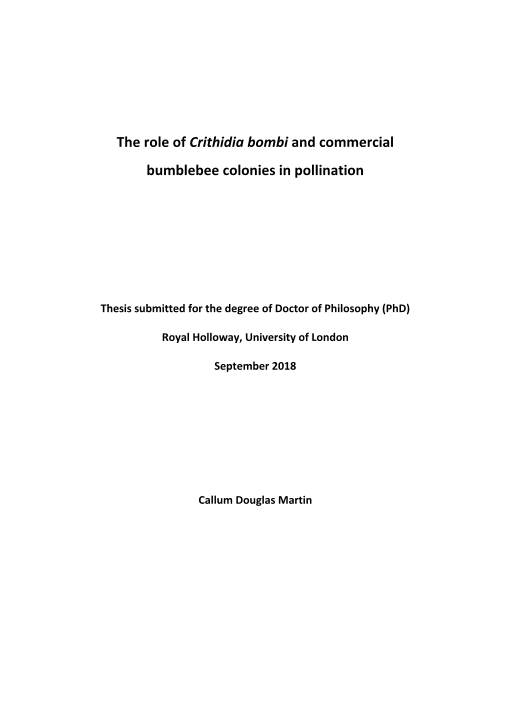 The Role of Crithidia Bombi and Commercial Bumblebee Colonies in Pollination