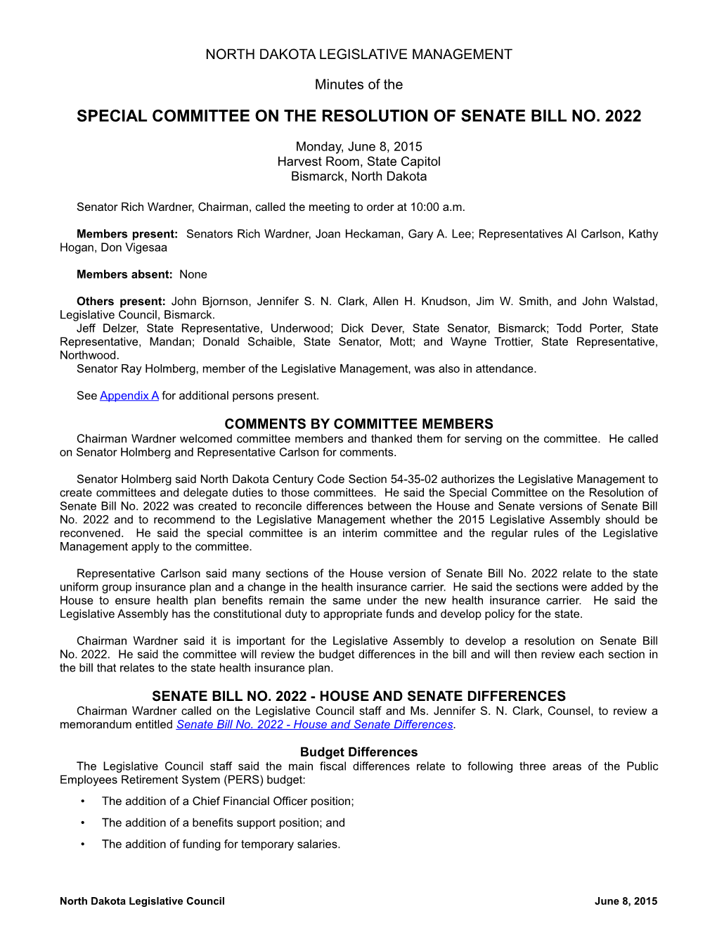 Special Committee on the Resolution of Senate Bill No. 2022