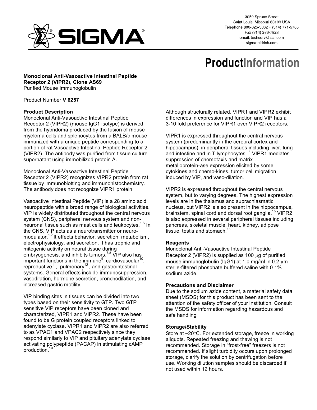 Monoclonal Anti-Vasoactive Intestinal Peptide Receptor 2 (VIPR2), Clone AS69 Purified Mouse Immunoglobulin