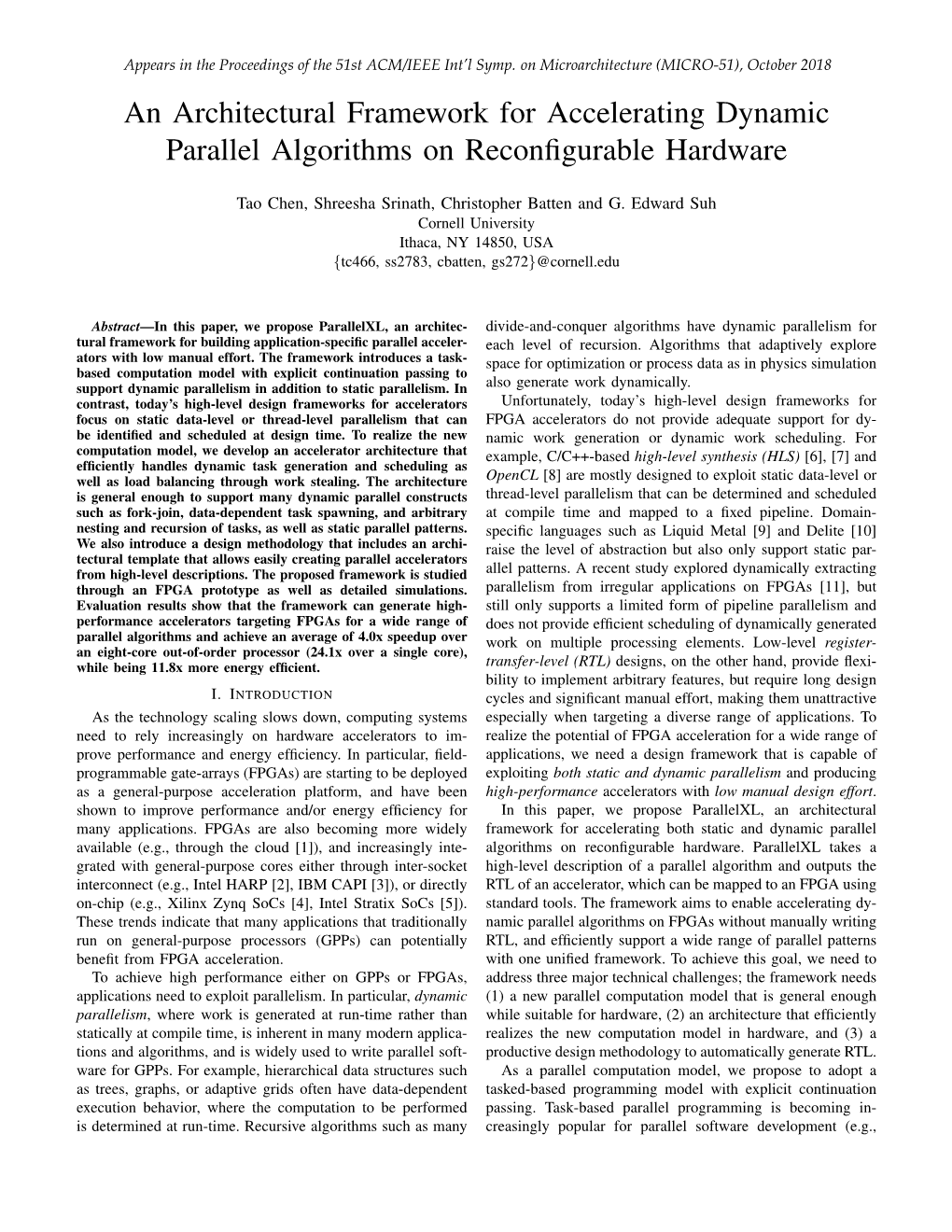 An Architectural Framework for Accelerating Dynamic Parallel Algorithms on Reconﬁgurable Hardware